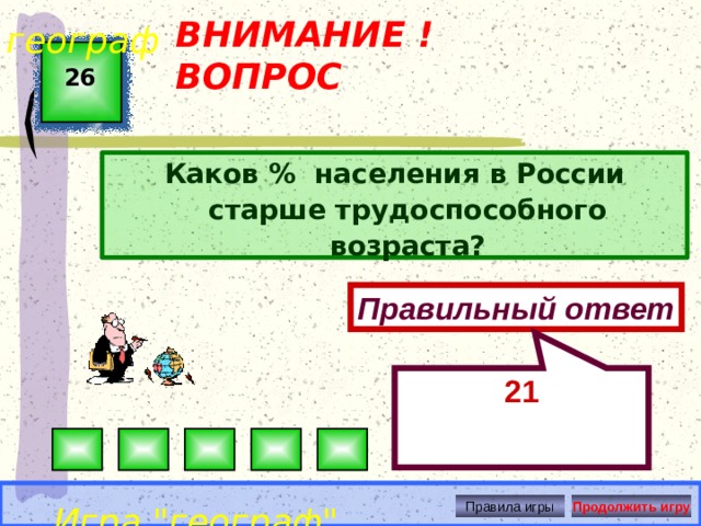21 географ ВНИМАНИЕ ! ВОПРОС 26 Каков % населения в России старше трудоспособного возраста? Правильный ответ Игра 