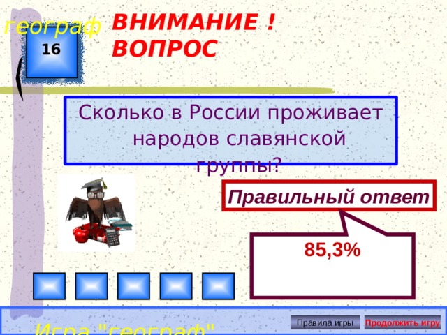 85,3% географ ВНИМАНИЕ ! ВОПРОС 16 Сколько в России проживает народов славянской группы? Правильный ответ Игра 