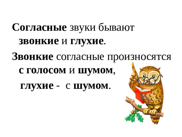 Согласные звуки бывают звонкие и глухие . Звонкие согласные произносятся с голосом и шумом ,  глухие - с шумом . 