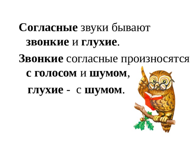 Согласные звуки бывают звонкие и глухие . Звонкие согласные произносятся с голосом и шумом ,  глухие - с шумом . 