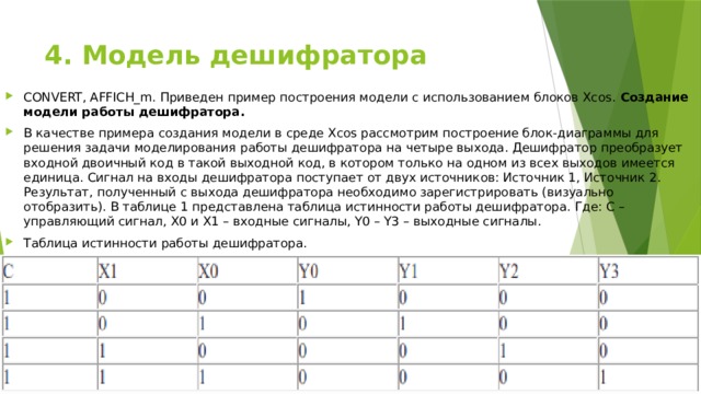 4. Модель дешифратора   CONVERT, AFFICH_m. Приведен пример построения модели с использованием блоков Xcos. Создание модели работы дешифратора.  В качестве примера создания модели в среде Xcos рассмотрим построение блок-диаграммы для решения задачи моделирования работы дешифратора на четыре выхода. Дешифратор преобразует входной двоичный код в такой выходной код, в котором только на одном из всех выходов имеется единица. Сигнал на входы дешифратора поступает от двух источников: Источник 1, Источник 2. Результат, полученный с выхода дешифратора необходимо зарегистрировать (визуально отобразить). В таблице 1 представлена таблица истинности работы дешифратора. Где: C – управляющий сигнал, X0 и X1 – входные сигналы, Y0 – Y3 – выходные сигналы. Таблица истинности работы дешифратора. 