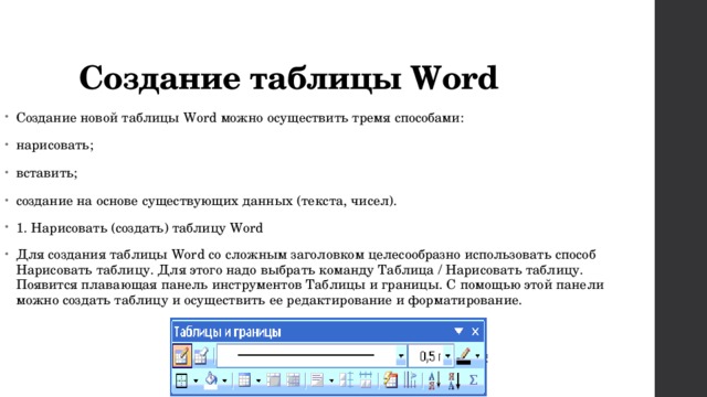 Создание таблицы Word Создание новой таблицы Word можно осуществить тремя способами: нарисовать; вставить; создание на основе существующих данных (текста, чисел). 1. Нарисовать (создать) таблицу Word Для создания таблицы Word со сложным заголовком целесообразно использовать способ Нарисовать таблицу. Для этого надо выбрать команду Таблица / Нарисовать таблицу. Появится плавающая панель инструментов Таблицы и границы. С помощью этой панели можно создать таблицу и осуществить ее редактирование и форматирование. 