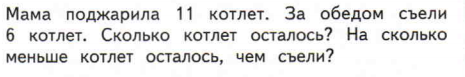 Мама пожарила 11 котлет за обедом. Мама поджарила 11 котлет. Мама поджарила 11 котлет за обедом съели 6 котлет сколько. Задача мама поджарила 11 котлет. На сколько меньше котлет осталось чем съели.