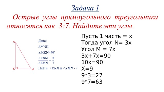 Пусть 1 часть = x Тогда угол N= 3x Угол М = 7х 3х+7х=90 10х=90 Х=9 9*3=27 9*7=63 