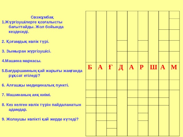  Сөзжұмбақ 1.Жүргізушілерге қозғалысты бағыттайды. Жол бойында кездеседі.  2. Қоғамдық көлік түрі.  3. Зымыран жүргізушісі.  4.Машина маркасы.  5.Бағдаршамның қай жарығы жаңғанда рұқсат етіледі?  6. Алғашқы медициналық пункті.  7. Машинаның аяқ киімі.  8. Кез келген көлік түрін пайдаланатын адамдар.  9. Жолаушы көлікті қай жерде күтеді?             Б А  Ғ  Д  А  Р Ш А М  