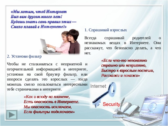 1. Спрашивай взрослых Всегда спрашивай родителей о незнакомых вещах в Интернете. Они расскажут, что безопасно делать, а что нет.  «Если что-то непонятно  страшно или неприятно,  Быстро к взрослым поспеши,  Расскажи и покажи» 2. Установи фильтр Чтобы не сталкиваться с неприятной и огорчительной информацией в интернете, установи на свой браузер фильтр, или попроси сделать это взрослых — тогда можешь смело пользоваться интересными тебе страничками в интернете.   «Как и всюду на планете,  Есть опасность в Интернете.  Мы опасность исключаем,  Если фильтры подключаем» 