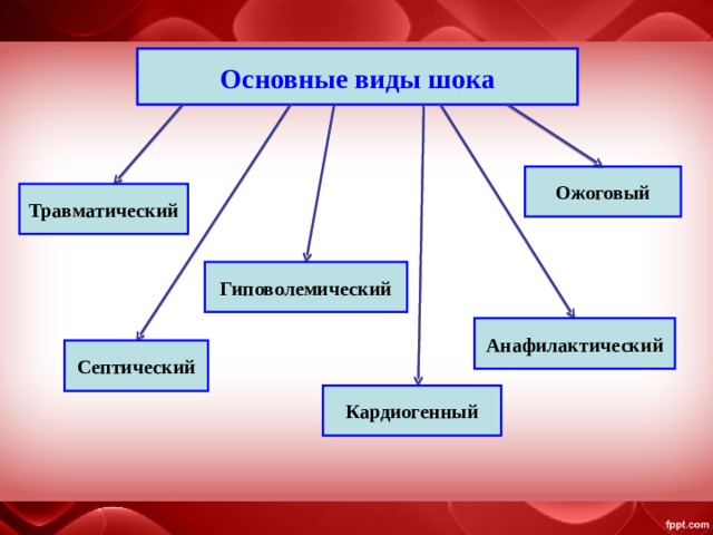 Основные виды шока Ожоговый Травматический Гиповолемический Анафилактический Септический Кардиогенный 