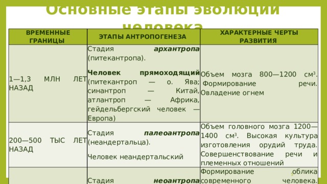 1 антропогенеза таблица