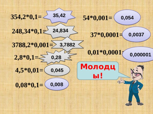 35,42 0,054 354,2*0,1= 54*0,001= 24,834 248,34*0,1= 0,0037 37*0,0001= 3,7882 3788,2*0,001= 0,000001 0,01*0,0001= 0,28 2,8*0,1= Молодцы! 0,045 4,5*0,01= 0,008 0,08*0,1= 