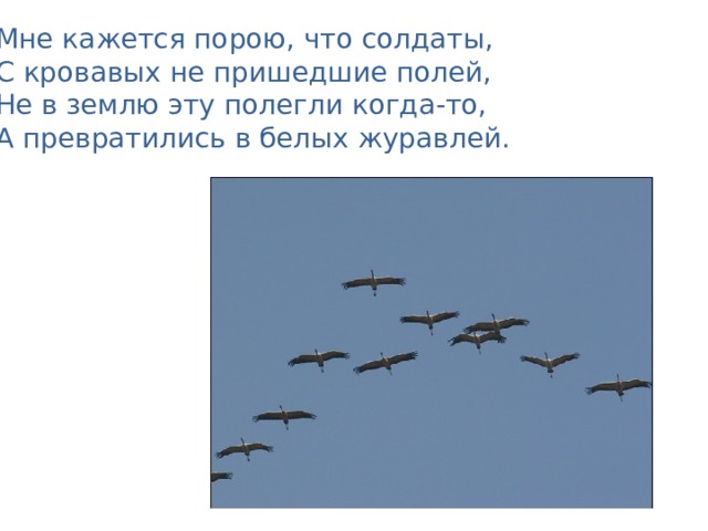 Мне кажется порою, что солдаты,  С кровавых не пришедшие полей,  Не в землю эту полегли когда-то,  А превратились в белых журавлей.