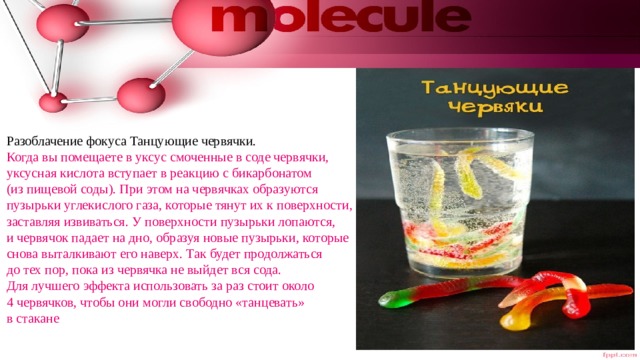 Разоблачение фокуса Танцующие червячки.  Когда вы помещаете в уксус смоченные в соде червячки, уксусная кислота вступает в реакцию с бикарбонатом (из пищевой соды). При этом на червячках образуются пузырьки углекислого газа, которые тянут их к поверхности, заставляя извиваться. У поверхности пузырьки лопаются, и червячок падает на дно, образуя новые пузырьки, которые снова выталкивают его наверх. Так будет продолжаться до тех пор, пока из червячка не выйдет вся сода.  Для лучшего эффекта использовать за раз стоит около 4 червячков, чтобы они могли свободно «танцевать» в стакане 