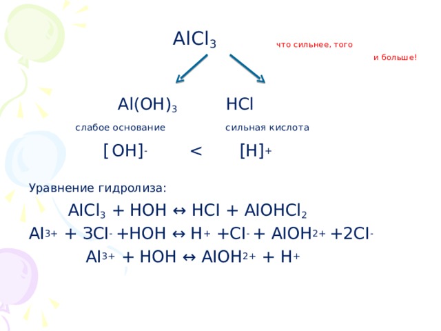  AlCl 3   что сильнее, того и больше!     Al ( OH ) 3 HCl     слабое основание сильная кислота    [  ОН] - Уравнение гидролиза:     AICl 3   + НОН ↔ НС I + AIOHCl 2  AI 3+ + ЗС I -  +НОН ↔ Н +  +С I -  + AI OH 2+  +2С I -  AI 3+  + НОН ↔ AI OH 2+  + Н +  