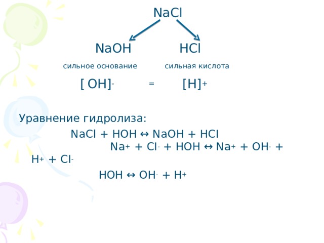  NaCl     NaOH  HCl    сильное основание сильная кислота    [  ОН] -  = [ H ] +  Уравнение гидролиза:    NaCl + НОН ↔ NaOH + НС I Na +  + С I -  + НОН ↔ Na +  + ОН -  + Н +  + С I -  НОН ↔ ОН -  + Н +   