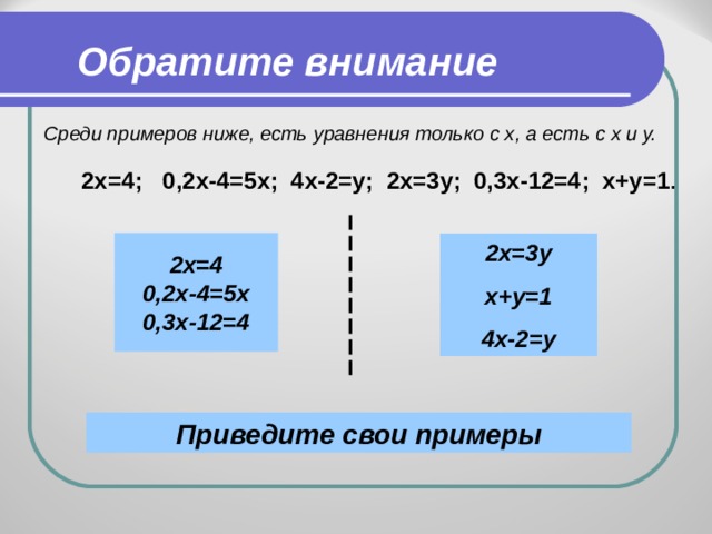 Обратите внимание Среди примеров ниже, есть уравнения только с х, а есть с х и у. 2х=4; 0,2х-4=5х; 4х-2=у; 2х=3у; 0,3х-12=4; х+у=1 . 2х=4 0,2х-4=5х 0,3х-12=4 2х=3у х+у=1 4х-2=у Приведите свои примеры 