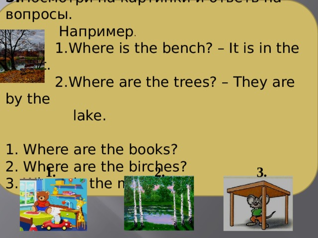 5. Посмотри на картинки и ответь на вопросы.  Например .  1.Where is the bench? – It is in the street.  2.Where are the trees? – They are by the  lake. Where are the books? Where are the birches? Where is the mouse? 1. 3. 2. 