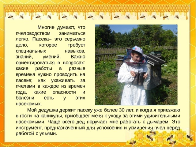  Многие думают, что пчеловодством заниматься легко. Пасека– это серьезно дело, которое требует специальных навыков, знаний, умений. Важно ориентироваться в вопросах: какие работы в разные времена нужно проводить на пасеке; как ухаживать за пчелами в каждое из времен года, какие опасности и болезни есть у этих насекомых.  Мой дедушка держит пасеку уже более 30 лет, и когда я приезжаю в гости на каникулы, приобщает меня к уходу за этими удивительными насекомыми. Чаще всего дед поручает мне работать с дымарем. Это инструмент, предназначенный для успокоения и усмирения пчел перед работой с ульями. 