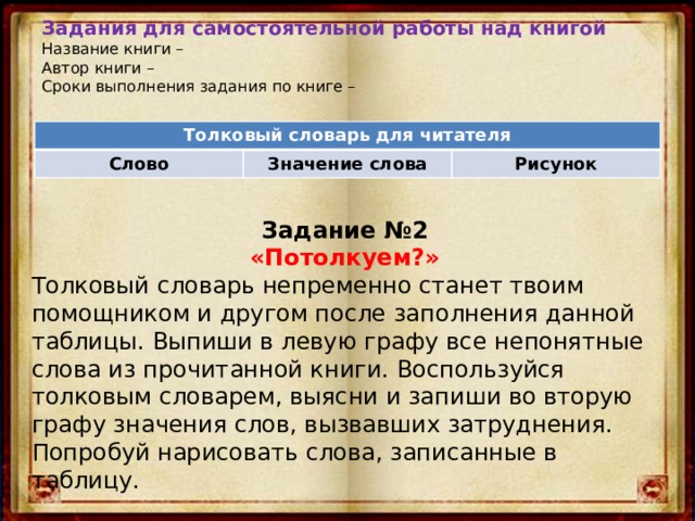 Задания для самостоятельной работы над книгой  Название книги –  Автор книги –  Сроки выполнения задания по книге –   Толковый словарь для читателя Слово Значение слова Рисунок Задание №2 «Потолкуем?» Толковый словарь непременно станет твоим помощником и другом после заполнения данной таблицы. Выпиши в левую графу все непонятные слова из прочитанной книги. Воспользуйся толковым словарем, выясни и запиши во вторую графу значения слов, вызвавших затруднения. Попробуй нарисовать слова, записанные в таблицу. 