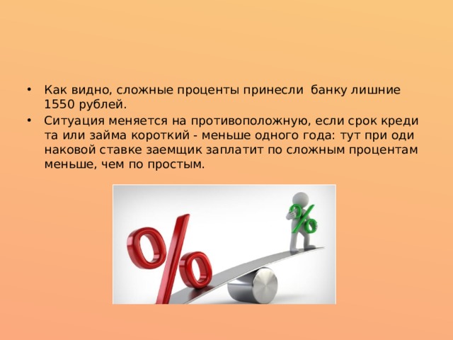 Как вид­но, слож­ные про­цен­ты при­не­сли банку лиш­ние 1550 ру­блей. Ситу­а­ция ме­ня­ет­ся на про­ти­во­по­лож­ную, если срок кре­ди­та или займа ко­роткий - мень­ше од­но­го го­да: тут при оди­на­ко­вой став­ке заем­щик запла­тит по слож­ным про­цен­там мень­ше, чем по про­стым. 