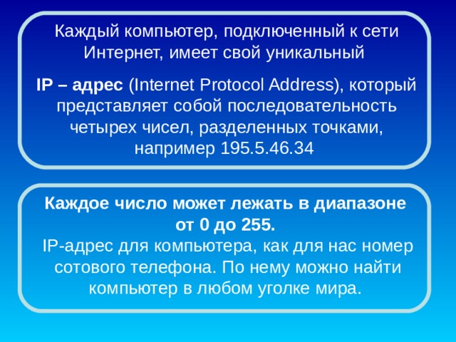 Каждый компьютер, подключенный к сети Интернет, имеет свой уникальный  IP – адрес  (Internet Protocol Address), который представляет собой последовательность четырех чисел, разделенных точками, например 195.5.46.34 Каждое число может лежать в диапазоне от 0 до 255. IP-адрес для компьютера, как для нас номер сотового телефона. По нему можно найти компьютер в любом уголке мира. 