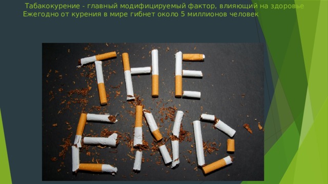   Табакокурение - главный модифицируемый фактор, влияющий на здоровье Ежегодно от курения в мире гибнет около 5 миллионов человек   