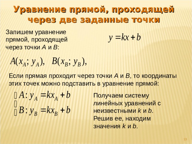 Уравнение прямой, проходящей через две заданные точки Запишем уравнение прямой, проходящей через точки А и В : Если прямая проходит через точки А и В , то координаты этих точек можно подставить в уравнение прямой: Получаем систему линейных уравнений с неизвестными k и b . Решив ее, находим значения k и b .   