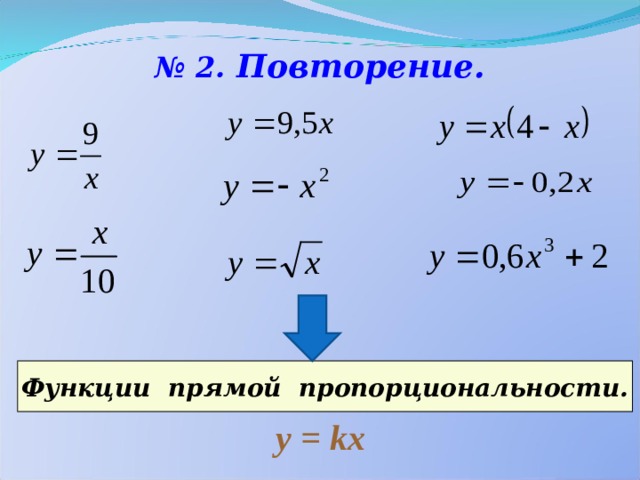 № 2. Повторение. Функции прямой пропорциональности. у = kx 