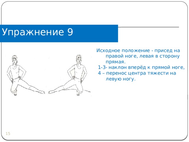 Упражнение 9 Исходное положение - присед на правой ноге, левая в сторону прямая.  1-3- наклон вперёд к прямой ноге,  4 – перенос центра тяжести на левую ногу.   