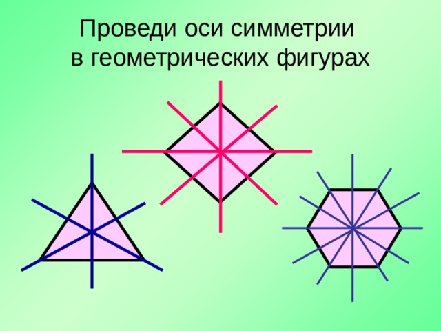 Проведи оси симметрии  в геометрических фигурах 