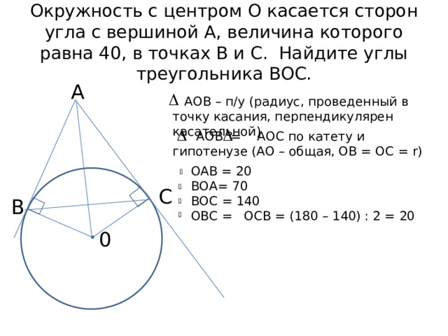 Окружность с центром О касается сторон угла с вершиной А, величина которого равна 40, в точках В и С. Найдите углы треугольника ВОС. А  АОВ – п/у (радиус, проведенный в точку касания, перпендикулярен касательной)  АОВ = АОС по катету и гипотенузе (АО – общая, ОВ = ОС = r)  ОАВ = 20  ВОА= 70  ВОС = 140  ОВС = ОСВ = (180 – 140) : 2 = 20 С В 0 