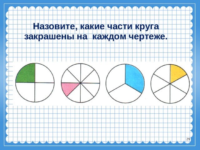 2 трети из 6. Каждая часть круга называется для дошкольников. Закрась нужную часть круга 8 13. Закрась восьмую часть круга. Закрашенный круг на чертеже.