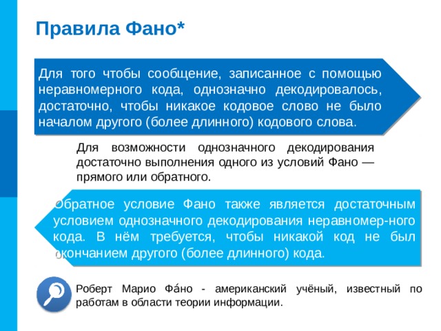 Правила Фано* Для того чтобы сообщение, записанное с помощью неравномерного кода, однозначно декодировалось, достаточно, чтобы никакое кодовое слово не было началом другого (более длинного) кодового слова. Для возможности однозначного декодирования достаточно выполнения одного из условий Фано —прямого или обратного. Обратное условие Фано также является достаточным условием однозначного декодирования неравномер-ного кода. В нём требуется, чтобы никакой код не был окончанием другого (более длинного) кода. Комментарии. Можно обратить внимание учащихся на достаточность, но не необходимости выполнения условия Фано. А- 1, Б- 10, В- 010. Последовательность 110010 декодируется однозначно, при этом не выполняется ни прямое ни обратное условие. Роберт Марио Фа́но - американский учёный, известный по работам в области теории информации. 11