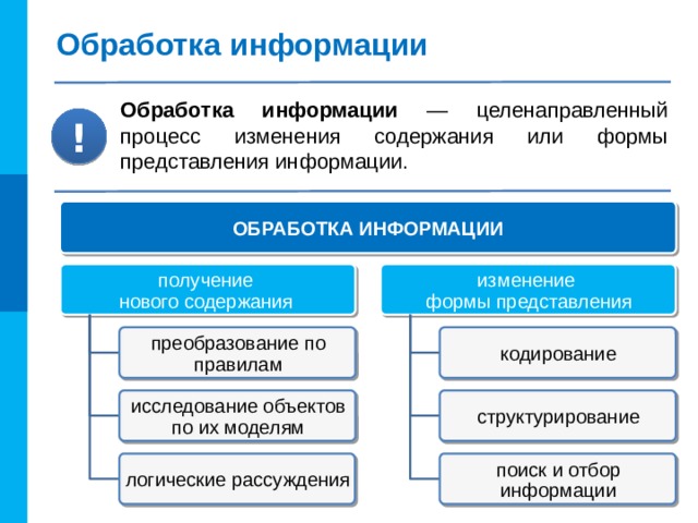 Обработка информации Обработка информации — целенаправленный процесс изменения содержания или формы представления информации. ! ОБРАБОТКА ИНФОРМАЦИИ получение  нового содержания изменение  формы представления преобразование по правилам кодирование структурирование исследование объектов по их моделям логические рассуждения поиск и отбор информации 7