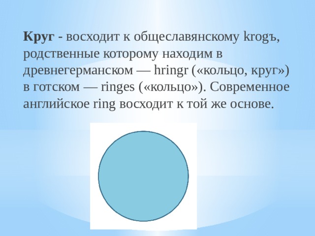 Круг - восходит к общеславянскому krogъ, родственные которому находим в древнегерманском — hringr («кольцо, круг») в готском — ringes («кольцо»). Современное английское ring восходит к той же основе. 