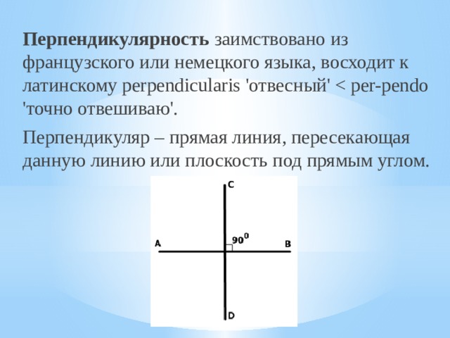 Перпендикулярность заимствовано из французского или немецкого языка, восходит к латинскому perpendicularis 'отвесный' Перпендикуляр – прямая линия, пересекающая данную линию или плоскость под прямым углом. 
