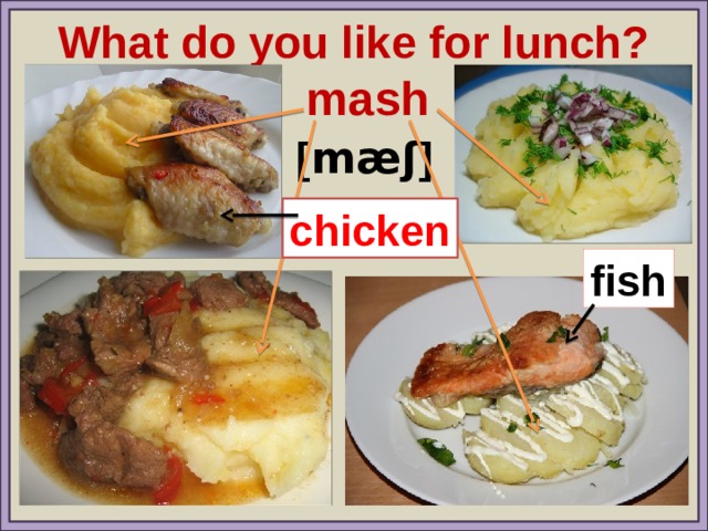What do you like for lunch? mash [ mæʃ ] chicken fish 