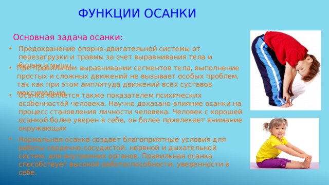 Функции осанки Основная задача осанки: : Предохранение опорно-двигательной системы от перезагрузки и травмы за счет выравнивания тела и баланса мышц. При правильном выравнивании сегментов тела, выполнение простых и сложных движений не вызывает особых проблем, так как при этом амплитуда движений всех суставов максимальна. Осанка является также показателем психических особенностей человека. Научно доказано влияние осанки на процесс становления личности человека. Человек с хорошей осанкой более уверен в себе, он более привлекает внимание окружающих Нормальная осанка создает благоприятные условия для работы сердечно-сосудистой, нервной и дыхательной систем, для внутренних органов. Правильная осанка способствует высокой работоспособности, уверенности в себе. 