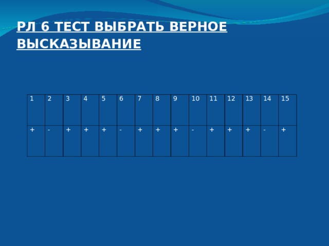 РЛ 6 ТЕСТ ВЫБРАТЬ ВЕРНОЕ ВЫСКАЗЫВАНИЕ   1 2 + 3 - 4 + 5 + 6 + 7 - 8 + + 9 10 + - 11 12 + + 13 14 + 15 - + 