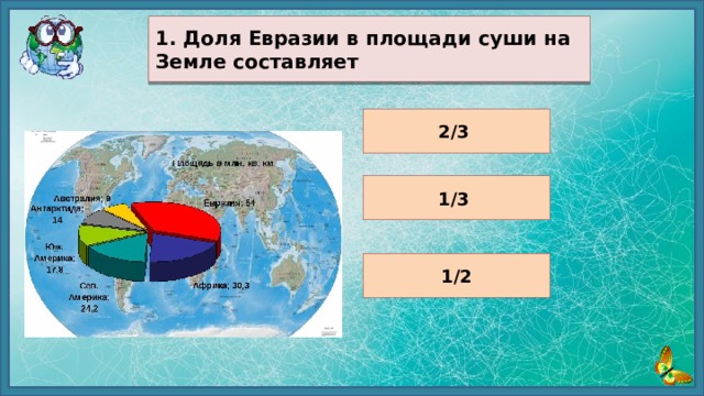 1.  Доля Евразии в площади суши на Земле составляет 2/3 1/3 1/2 