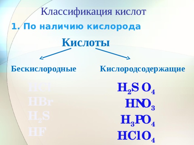 Классификация кислот 1. По наличию кислорода Кислоты  Бескислородные Кислородсодержащие  НСl Н 2 S  НN Н 3 Р  НСl О 4 НВr О 3 Н 2 S О 4 НF О 4 