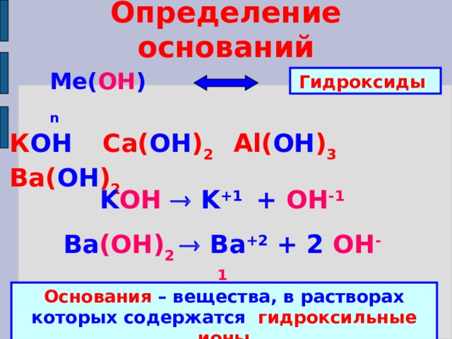 Определение оснований Ме( ОН ) n Гидроксиды К ОН  Ca( ОН ) 2 Al( ОН ) 3 Ba( ОН ) 2 K OH  K +1 + OH -1 Ba (ОН) 2   Ba +2 + 2 OH -1  Основания – вещества, в растворах которых содержатся гидроксильные ионы 
