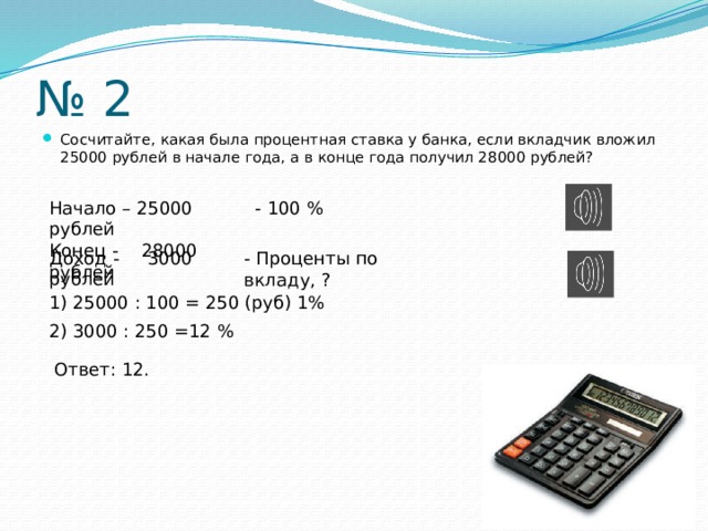 2 процента в рублях. 25000 Под 6 процентов годовых. Вложить 10 рублей под проценты. Вкладчик вложил деньги в банк на 2 года под 12 годовых. 28000 Рублей.