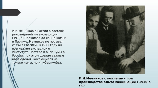 И.И.Мечников в России в составе руководимой им экспедиции (1911г) Проживая до конца жизни в Париже, Мечников не порывал связи с Россией. В 1911 году он возглавлял экспедицию Института Пастера в очаг чумы в России, при этом сделал важные наблюдения, касающиеся не только чумы, но и туберкулёза. И.И.Мечников с коллегами при производстве опыта вакцинации ( 1910-е гг.) 