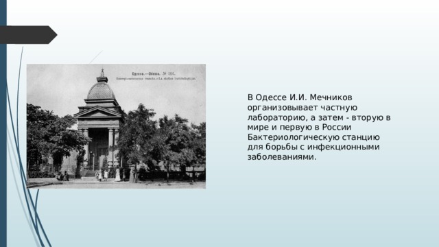 В Одессе И.И. Мечников организовывает частную лабораторию, а затем - вторую в мире и первую в России Бактериологическую станцию для борьбы с инфекционными заболеваниями. 