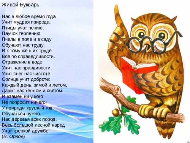 Стихотворение про орлов. Нас в любое время года учит мудрая. Живой букварь стихотворение в Орлова. Любое время года учит мудрая природа птицы учат пению паучок терпению.