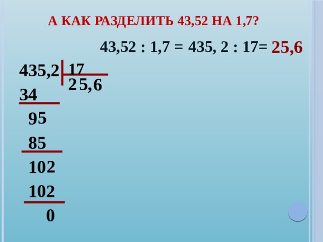 А как разделить 43,52 на 1,7? 25,6 435, 2 : 17= 43,52 : 1,7 = 17 435,2 34  9  85  10  102  0 5 2 , 6 5 2  
