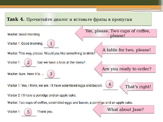 Task 4. Прочитайте диалог и вставьте фразы в пропуски Yes, please. Two cups of coffee, please! 1 A table for two, please! 2 Are you ready to order? 3 That’s right! 4 What about Jane? 5 