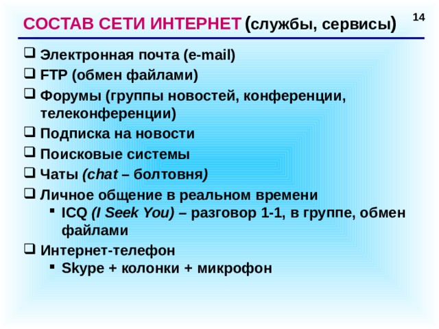 СОСТАВ СЕТИ ИНТЕРНЕТ  ( службы, сервисы ) Электронная почта (e-mail) FTP (обмен файлами) Форумы (группы новостей, конференции, телеконференции) Подписка на новости Поисковые системы Чаты (chat – болтовня ) Личное общение в реальном времени ICQ (I Seek You) – разговор 1-1, в группе, обмен файлами ICQ (I Seek You) – разговор 1-1, в группе, обмен файлами Интернет-телефон Skype + колонки + микрофон Skype + колонки + микрофон   