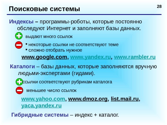 Поисковые системы Индексы – программы-роботы, которые постоянно обследуют Интернет и заполняют базы данных. выдают много ссылок некоторые ссылки не соответствуют теме сложно отобрать нужное www.google.com , www.yandex.ru , www.rambler.ru  Каталоги – базы данных, которые заполняются вручную людьми-экспертами (гидами). ссылки соответствуют рубрикам каталога меньшее число ссылок www.yahoo.com , www.dmoz.org , list.mail.ru ,  yaca.yandex.ru  Гибридные системы – индекс + каталог.  