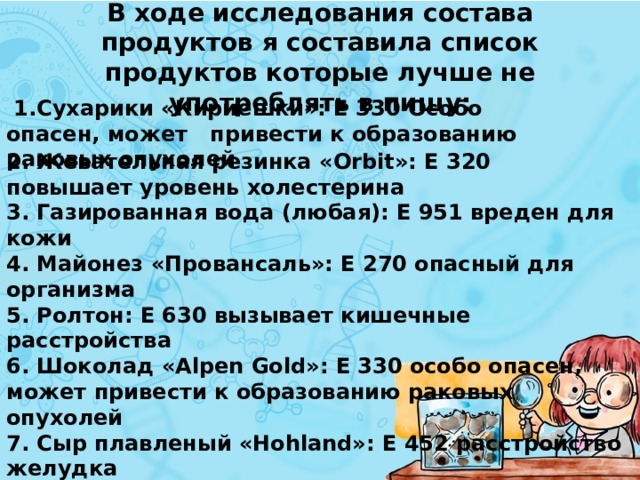 В ходе исследования состава продуктов я составила список продуктов которые лучше не употреблять в пищу:  1.Сухарики «Кириешки»: Е 330 Особо опасен, может привести к образованию раковых опухолей  2. Жевательная резинка «Orbit»: Е 320 повышает уровень холестерина 3. Газированная вода (любая): Е 951 вреден для кожи 4. Майонез «Провансаль»: Е 270 опасный для организма 5. Ролтон: Е 630 вызывает кишечные расстройства 6. Шоколад «Alpen Gold»: Е 330 особо опасен, может привести к образованию раковых опухолей 7. Сыр плавленый «Hohland»: Е 452 расстройство желудка 8. Напиток «CocaCola»: Е 211 ракообразующий 9. Напиток «Fanta»: Е 338 вредит зубной эмали 