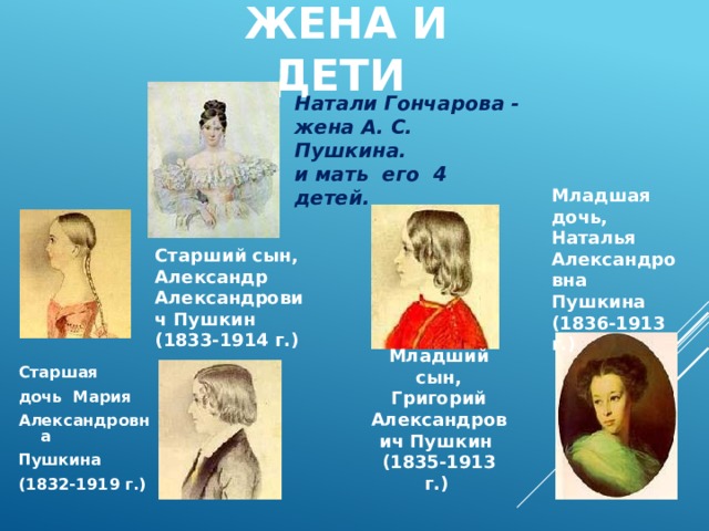 Жена и дети Натали Гончарова - жена А. С. Пушкина. и мать его 4 детей. Младшая дочь, Наталья Александровна Пушкина  (1836-1913 г.)  Старший сын, Александр Александрович Пушкин  (1833-1914 г.)  Младший сын, Григорий Александрович Пушкин  (1835-1913 г.)  Старшая дочь Мария Александровна Пушкина (1832-1919 г.)  